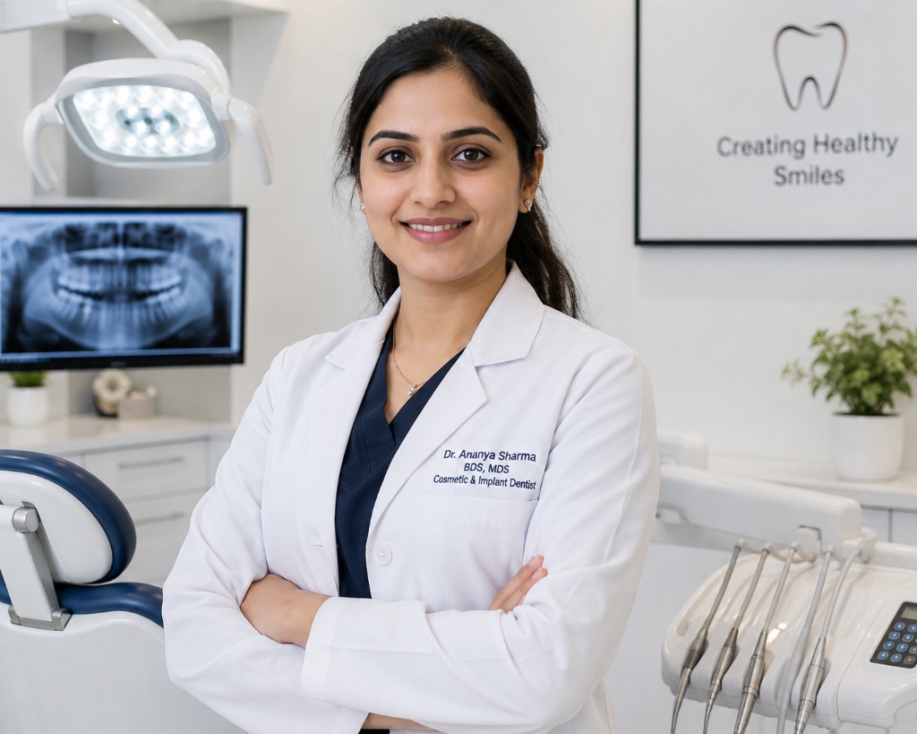 Lead implant dentist at Smile Dental Demo standing beside dental equipment